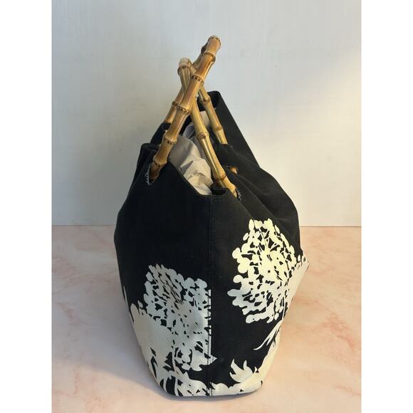 Banana Republic Bamboo Handle Black & Cream Canvas Top Handle Handbag - Picture 10 of 16